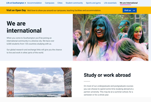 Screengrab of page design for new international content.