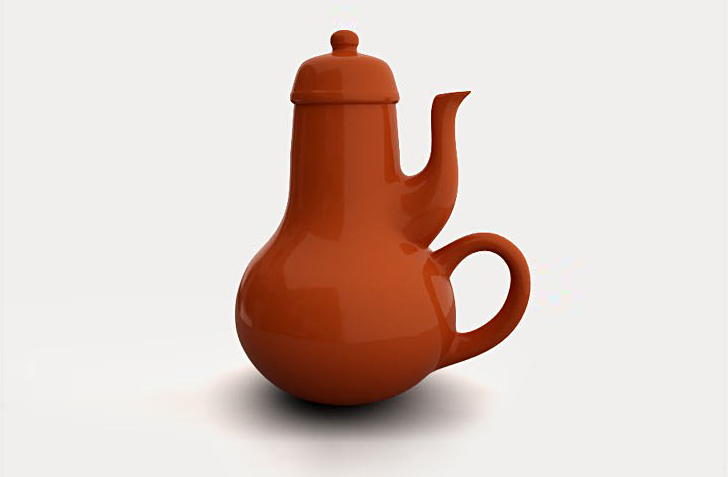An example of a well-designed teapot with handle and spout on the right hand side. This tea pot is called "impossible teapot" by Jacques Carelman