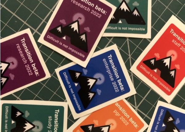 Transition project Beta stickers with an image of mountain top and a flag, and a basecamp at the bottom of the mountain. They all have different descriptions such as Research 2022, enterprise, staff, study. post grad research with a tag line 'Difficult is not impossible'. 