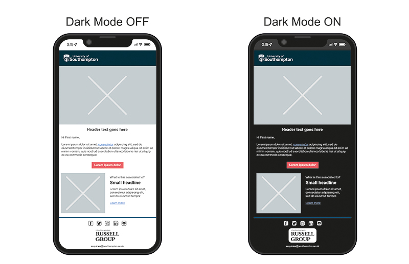 The new email template corrects dark mode issues