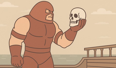 Graphic illustration of The Juggernaut comic book character holding a skull, in a parody of Hamlet’s famous pose.