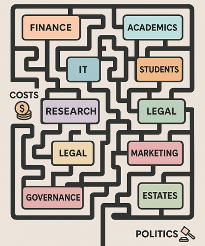 Simple diagram of a maze showing complex relationships between university departments and stakeholder interests. 'Politics' and 'Costs' are notably prominent.