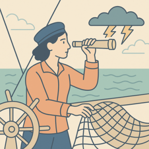 Illustration of a sailor fixing a fishing net and looking ahead through a telescope, with storm clouds in the distance.