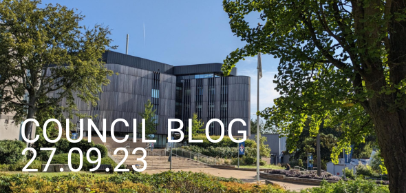 Image of Building 85 Highfield Campus with text "COUNCIL BLOG 27.09.23"