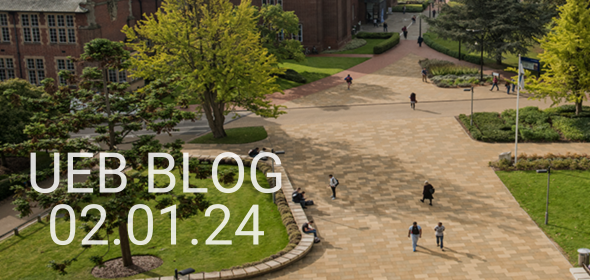 Image of Highfield campus with text "UEB BLOG 02.01.24"