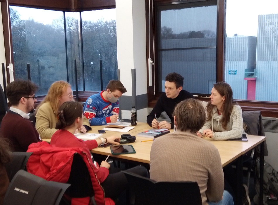 Students discussing a question posed by Dr Ogden on EDI