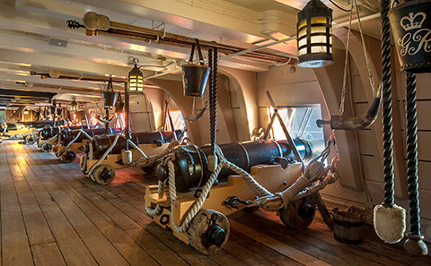 Line of cannons on historic ship