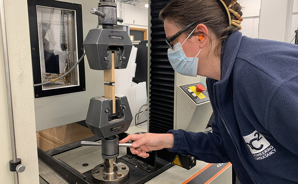 Dr Nicola Symonds performing a tensile pull test on a sample.
