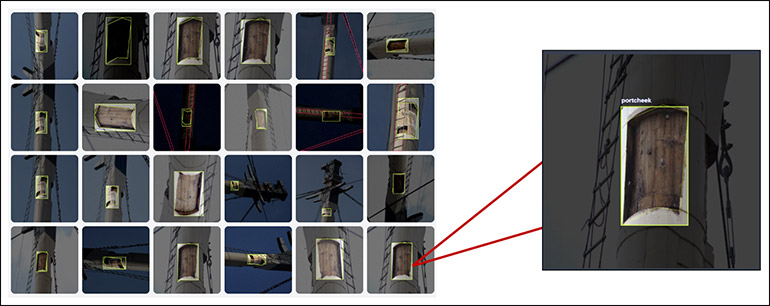 Multiple images from different angles of the mast of historic ship, HMS Victory.