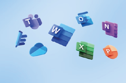 Logos for a variety of Microsoft Office 365 apps, including Teams, Word, Onedrive, Excel, Outlook, Excel, OneNote and PowerPoint