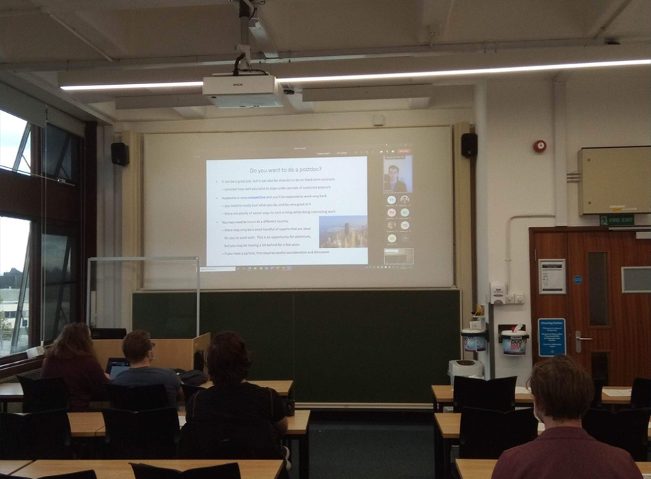Dr. David Turton giving a talk virtually in one of our hybrid events with some very useful advice on applying for postdoctoral positions