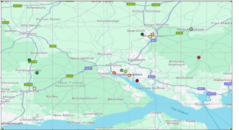  map of the sensor location in Hampshire coloured by air pollution concentration hotspots at night