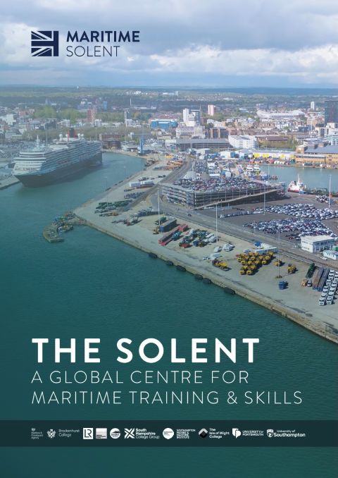 Aerial view of the Port of Southampton with ships and docks, promoting Maritime Solent as a training centre.