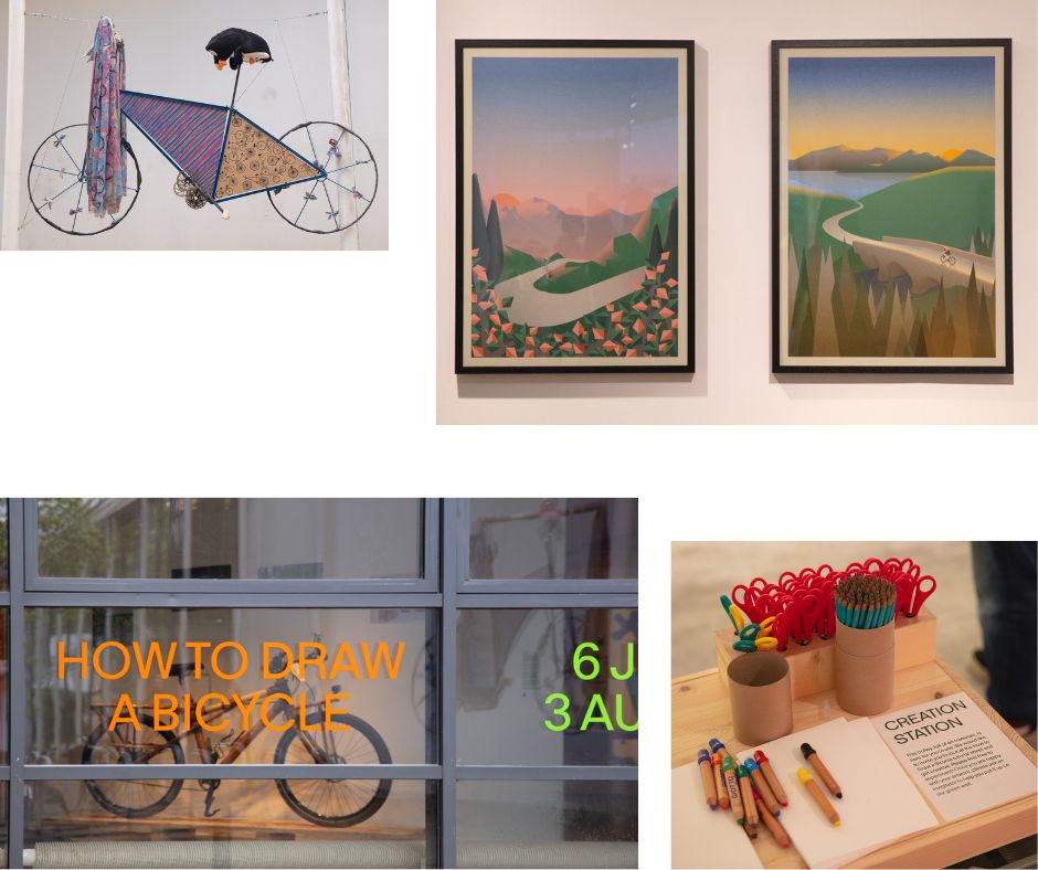 Four photographs taken at the How to Draw a Bicycle exhibition. Clockwise from top left. Bicycle sculpture suspended from ceiling and decorated with colourful printed fabric. Two framed prints depicting cycling in scenic places with mountains in the distance. A 'creation station' which includes pots of coloured pencils, paper and lots of scissors. The window of Winchester Gallery with a bicycle behind it. A decal on the window says 'How to draw a bicycle.;