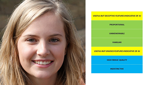 A smiling young blonde woman photographed from the shoulders up, with a graphic beside her showing visual features that may help identify AI-generated faces, including proportionality, familiarity and image quality.