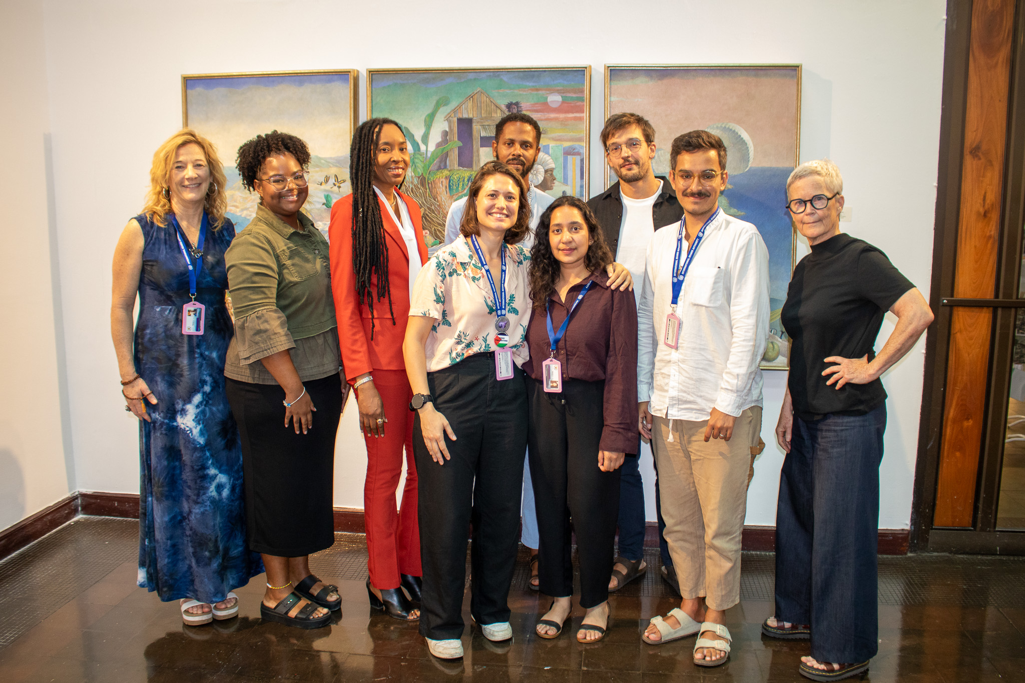 Prof. Elizabeth Deloughrey, Dr. Giulia Champion, Dr Mekhala Dave, Dr Susan Reid, Alejandro Limpo Deep and Dr Jonathan Galka from the Deep Currents Collective with Maroon Cultural Activist Alex Moore-Minott, Marine Biologist Robyn Young and Senior Director Nadine Boothe-Gooden at the Our Collective Seabed Side Event & Exhibition (22 July 2025) at National Gallery of Jamaica, Kingston © image courtesy of National Gallery of Jamaica. Organised by Deep Currents Collective with partners National Gallery of Jamaica and TBA21.