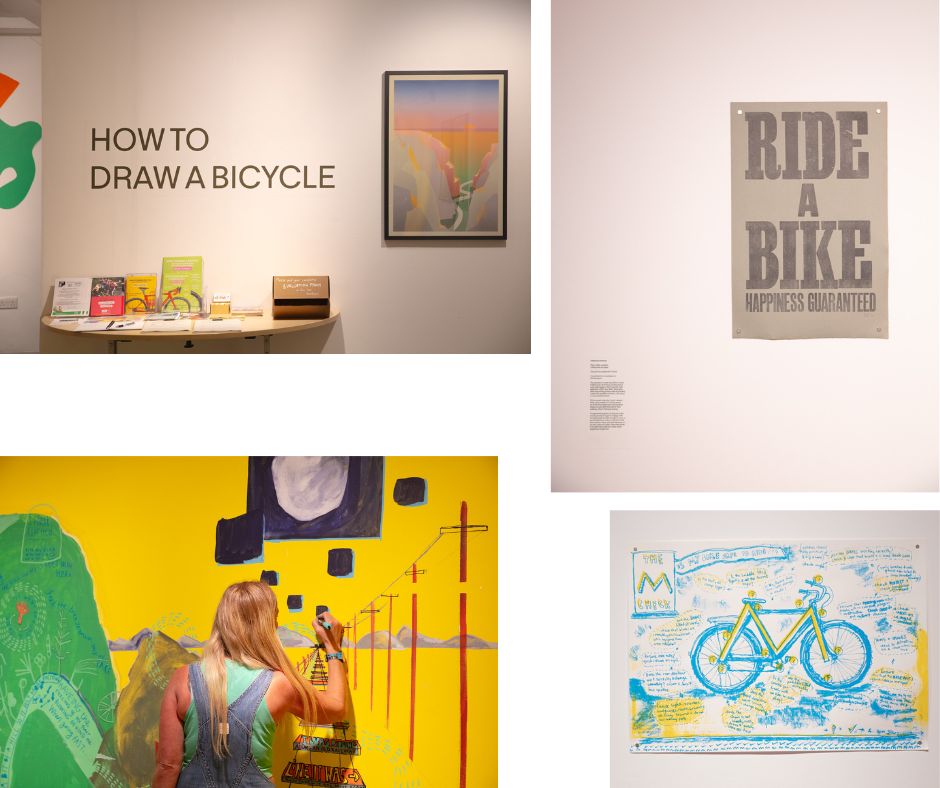 Four photographs taken at the How to Draw a Bicycle exhibition. Clockwise from top left. A wall with the words 'How to Draw a Bicycle' with a table in front that has leaflets on. A print on a plain wall that says 'Ride a bike - happiness guaranteed.' A drawing of a bike with lots of hand-written text around it describing the parts and safety checks. A person drawing a mural on a yellow wall of a rope bridge.