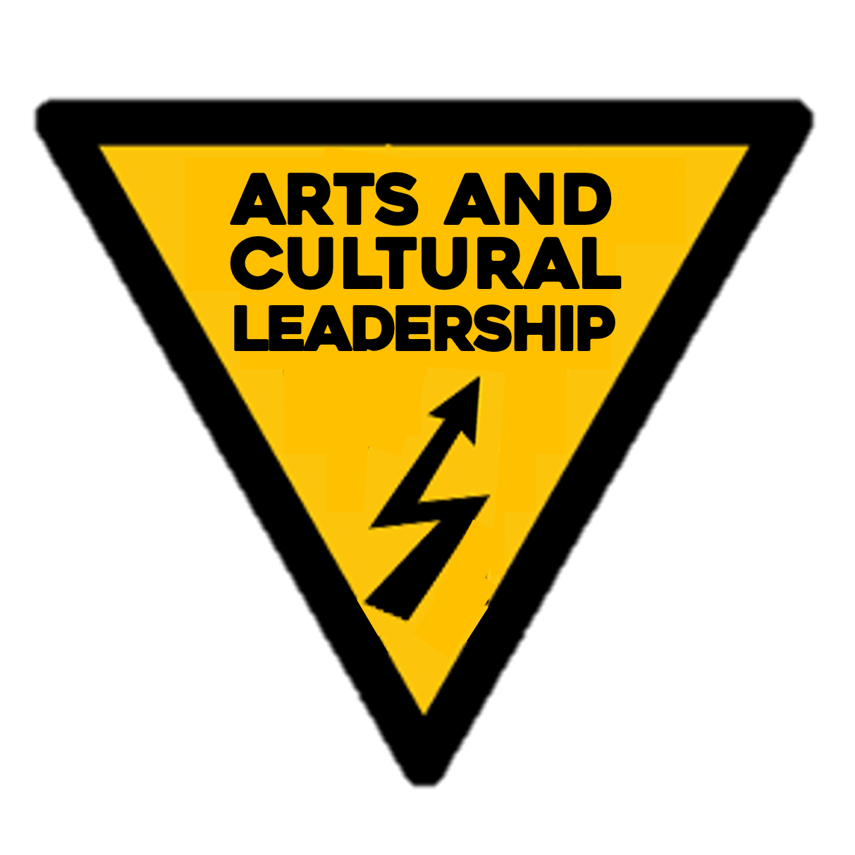 Arts and Cultural Leadership logo, in a yellow triangle with a black bolt-like arrow to resemble a high voltage warning sign.