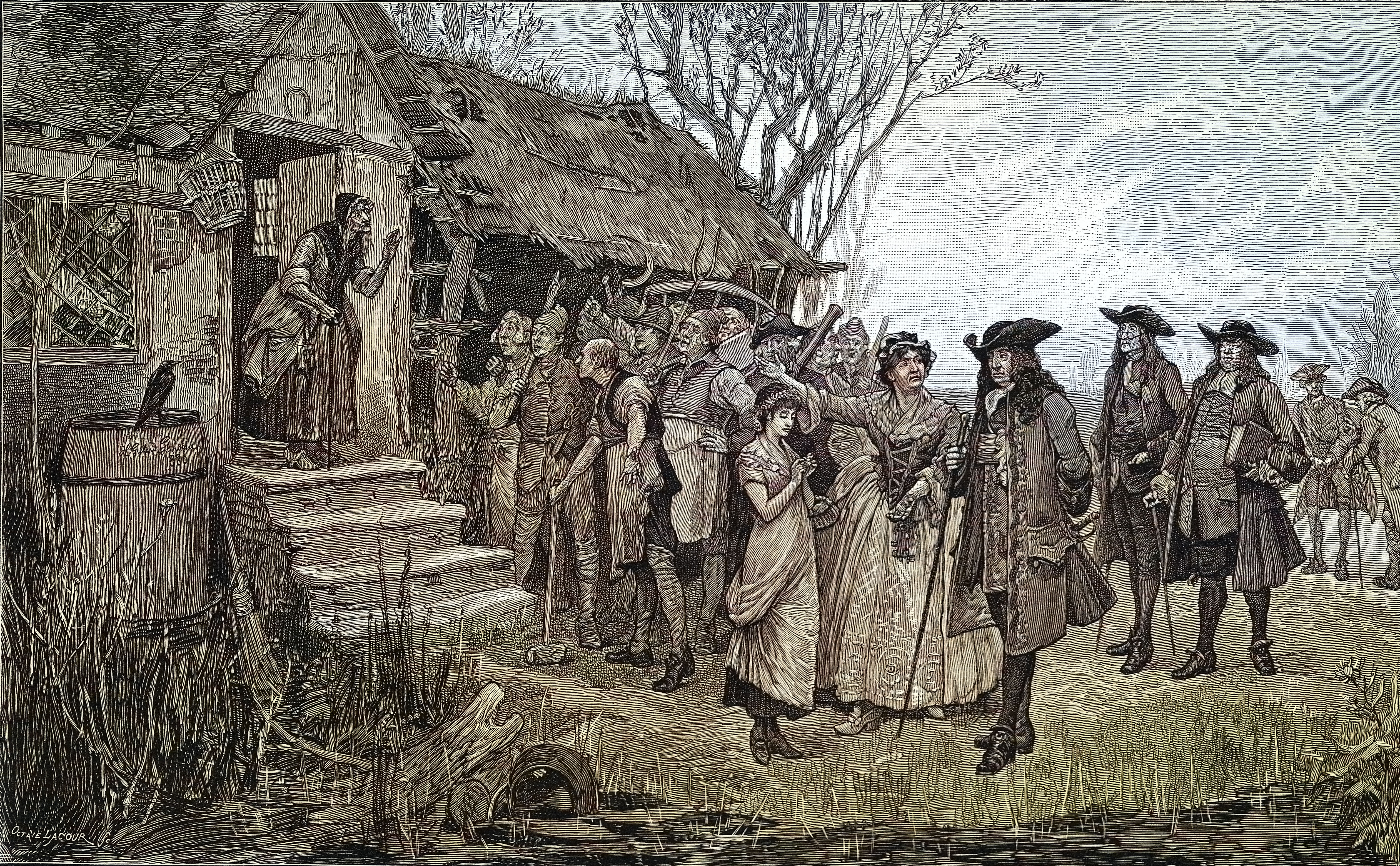 Illustration of Early Modern England magistrates gathered with villagers outside a country cottage with an elderly woman in the doorway being accused of witchcraft.