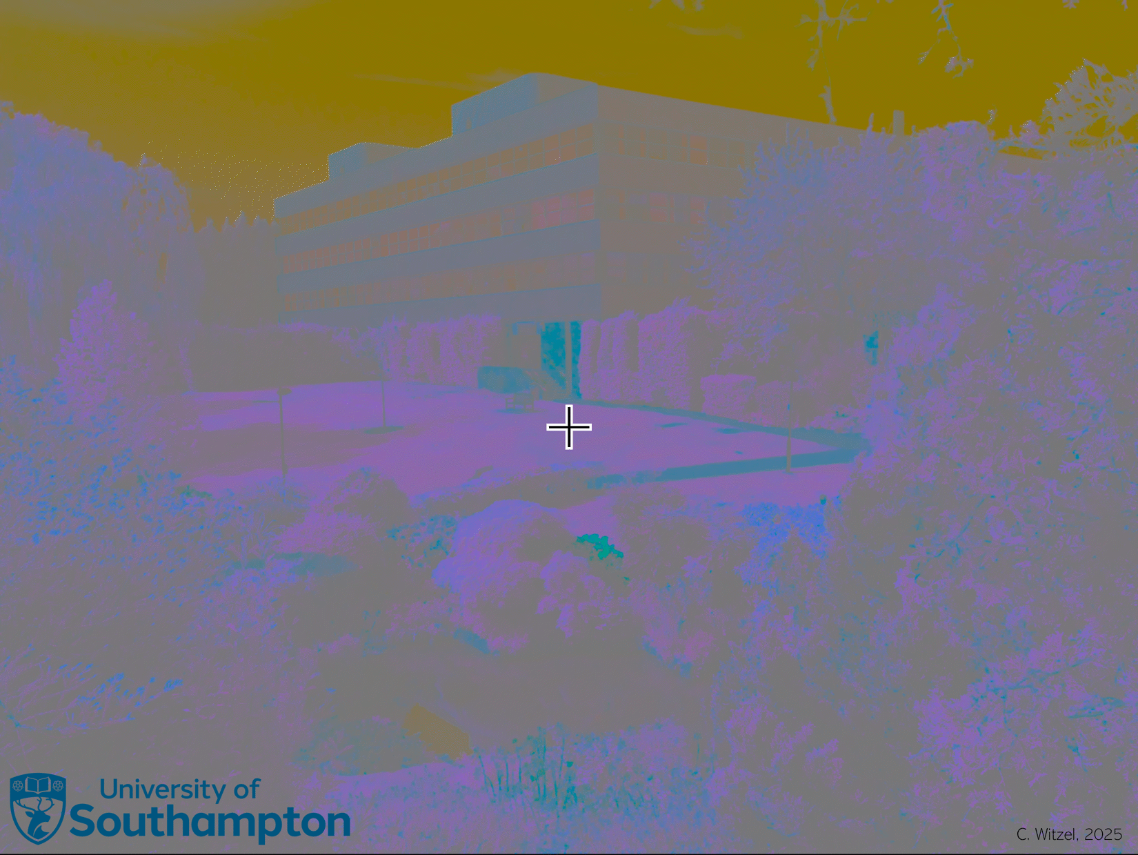 Stare at the cross in the middle of the photograph and, after a few alterations between false-colour and greyscale, the greyscale image will appear in colour