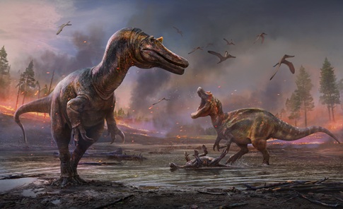 Artist's painting of two dinosaurs facing one another, one aggressively with its mouth open. There is a small deceased dinosaur on the ground, and flying dinosaurs in the background