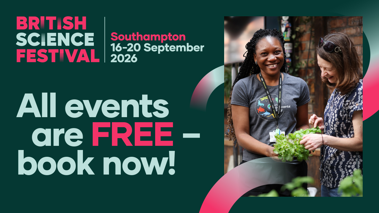 Promotional graphic for the British Science Festival Southampton 2026 (16-20 September 2026) featuring the text