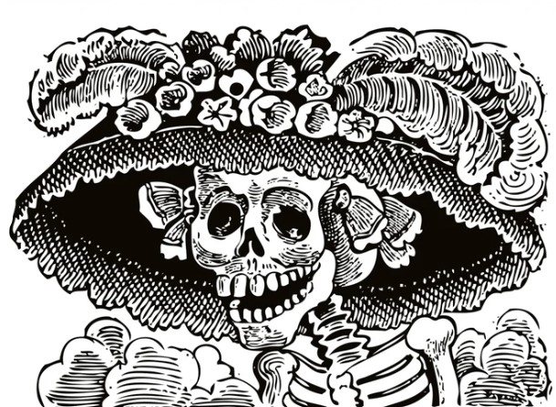 Black and white illustration of a skeletal figure wearing an ornate, wide-brimmed hat adorned with feathers and flowers. The style is reminiscent of José Guadalupe Posada’s ’La Catrina,’ a famous Mexican engraving associated with Día de los Muertos.