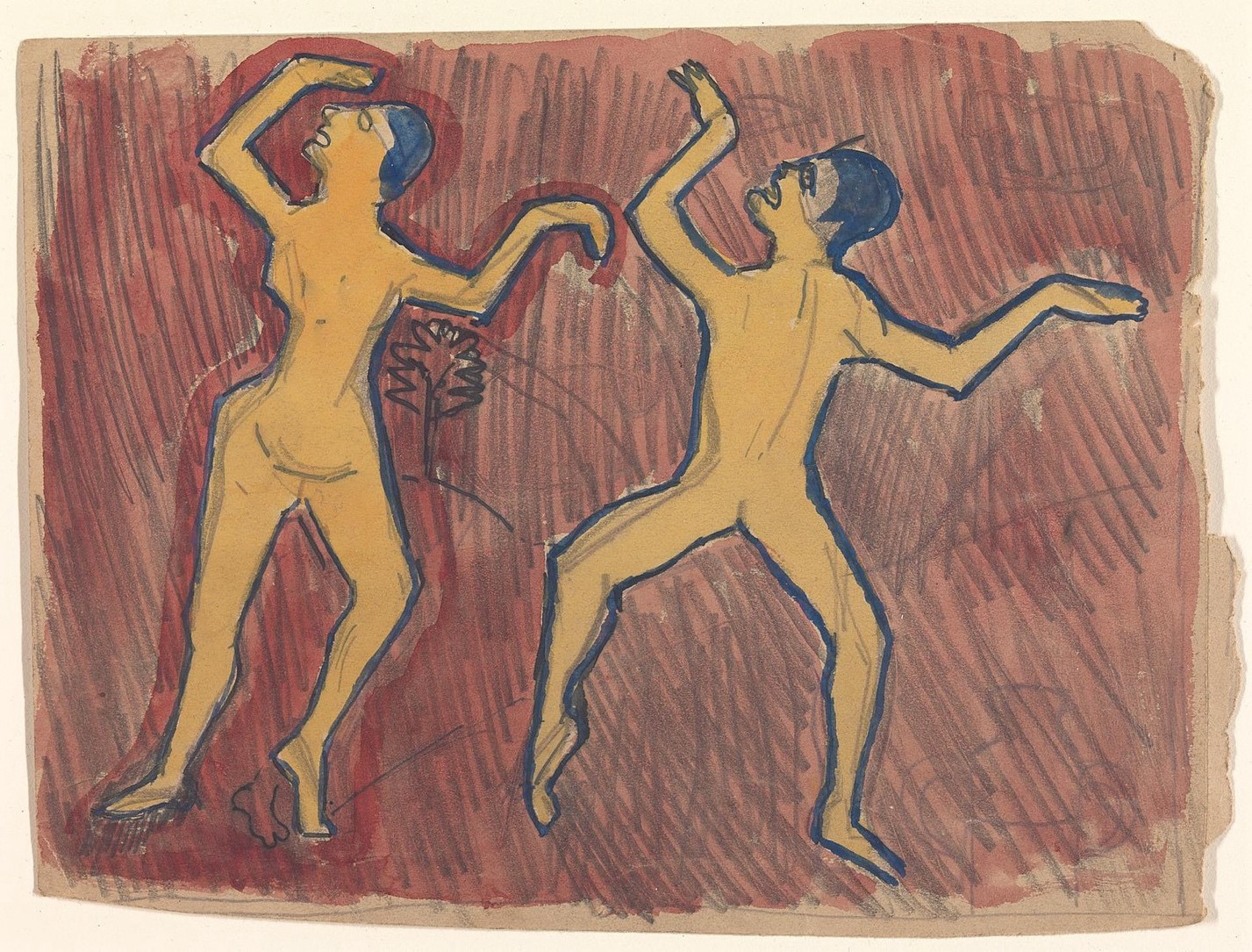 A drawing of two stylized, nude figures outlined in blue, positioned against a reddish-brown background. The figures appear to be in dynamic, dance-like poses, with their arms raised and heads tilted upward.