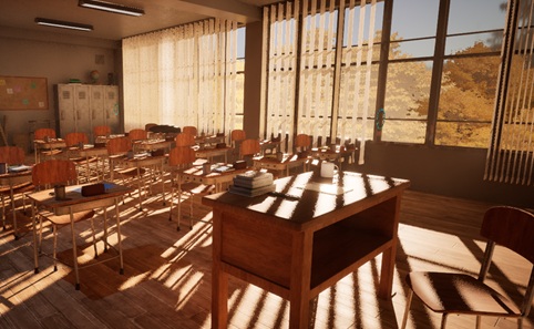 Computer generated image of a traditional classroom with wooden desks and chair arranged in rows. The sun is streaming in through the window.