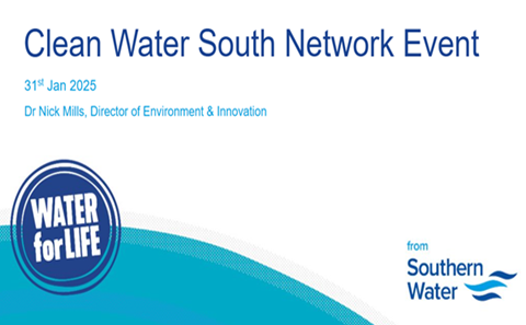 Poster with blue letters and white background announcing the Clean Water South Network Event on 31 January 2025 presented by Dr Nick Mills