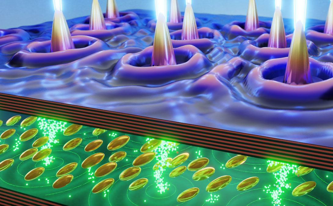 Brightly coloured illustration showing microscopic activity in photonic computing research. Blue and purple liquid at the top of the image, with green and yellow disc shapes at the bottom.