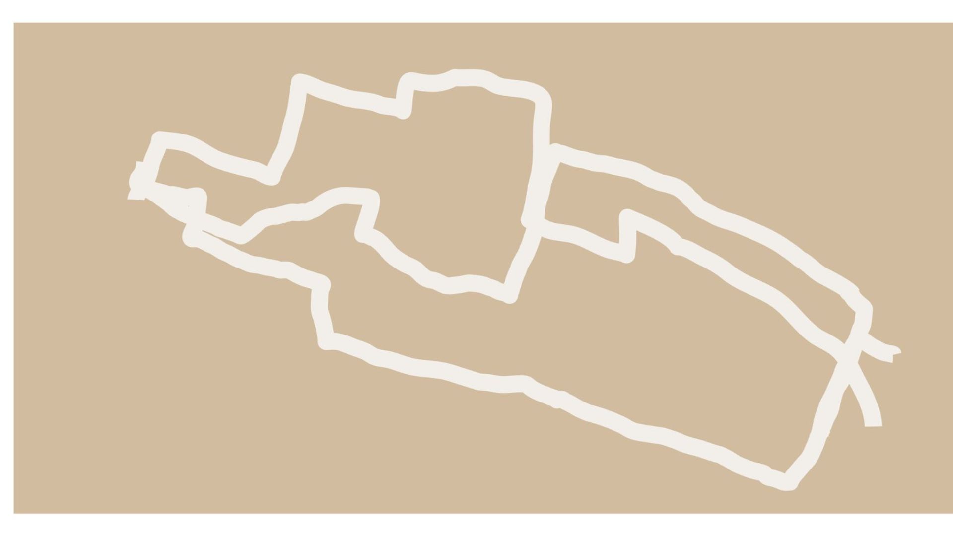 A beige graphic features an irregular, hand‑drawn white outline resembling a loose map or pathway shape. The line curves and angles across the centre of the image on a plain background.