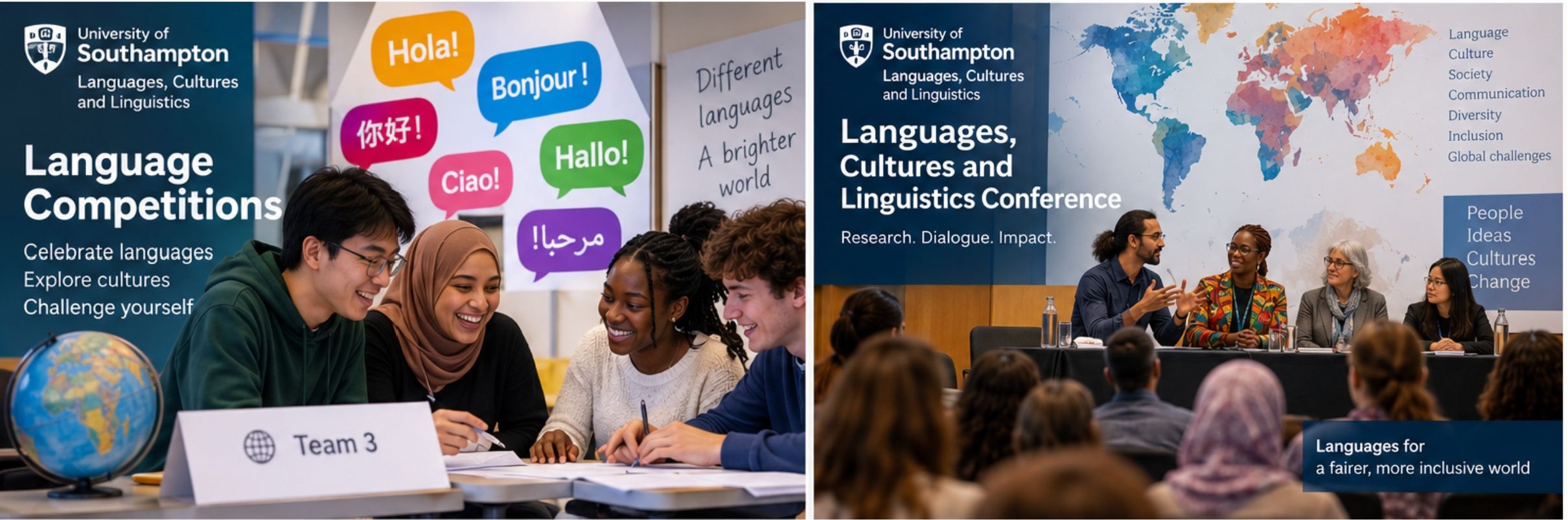 Promotional graphic for University of Southampton Languages, Cultures and Linguistics events, showing a language competition and a conference panel discussion. The collage emphasises collaboration, cultural exchange and international perspectives.