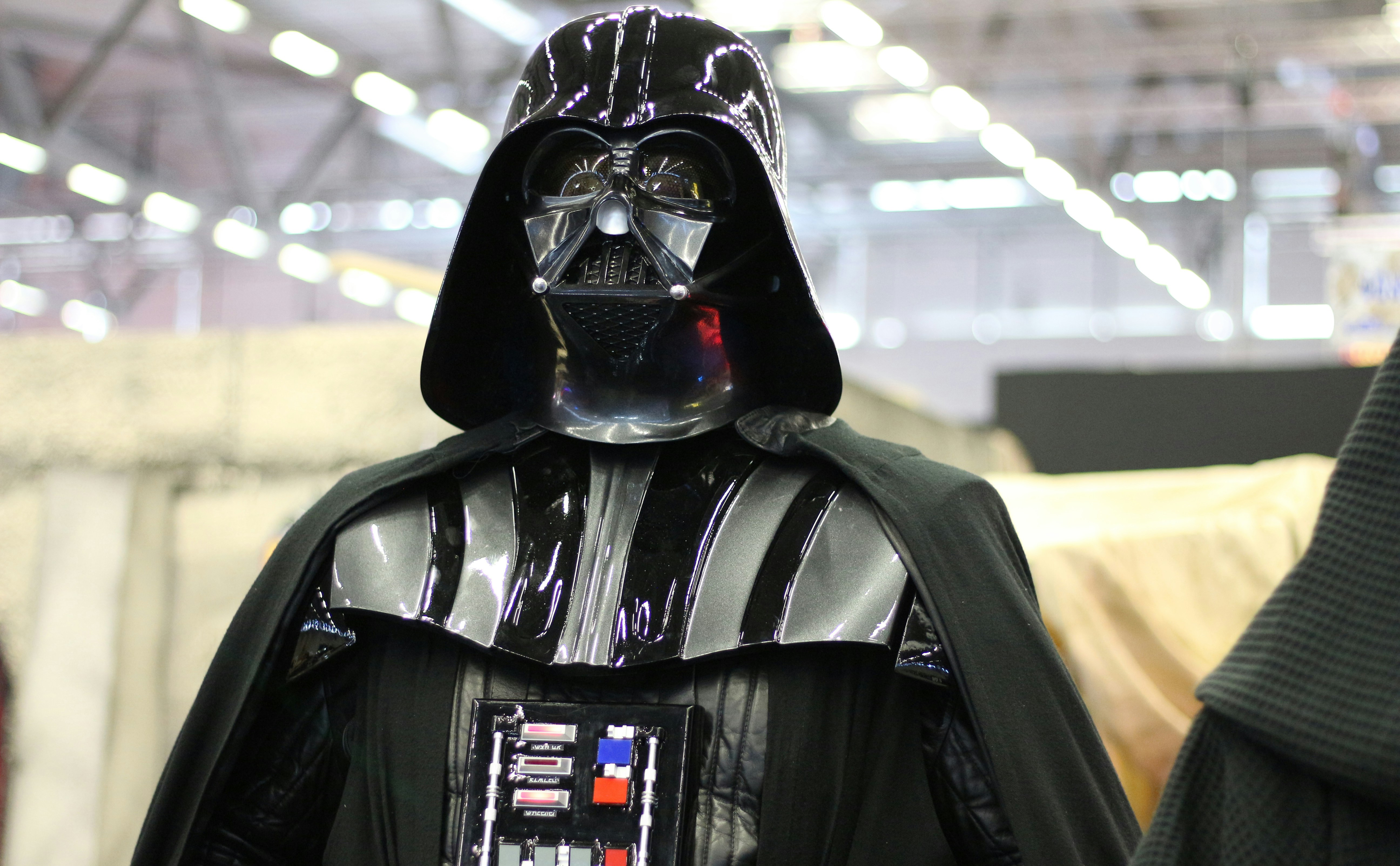 Head and shoulders view of a costume of the Star Wars character Darth Vadar