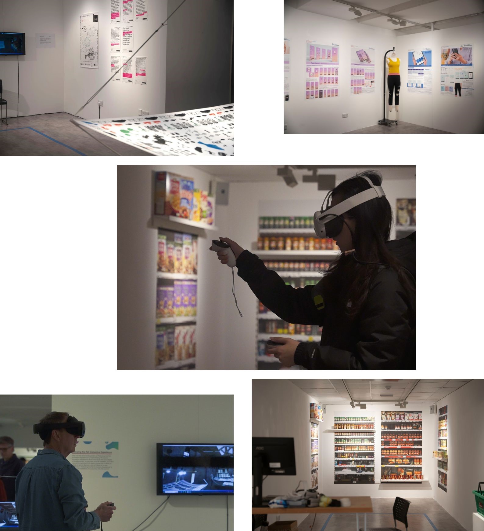An interactive exhibition featuring design concepts and virtual reality experiences. The images show visitors using VR headsets to explore virtual environments, such as a digital grocery store. The gallery walls display design posters, prototypes, and research materials, with mannequins and product layouts also featured.