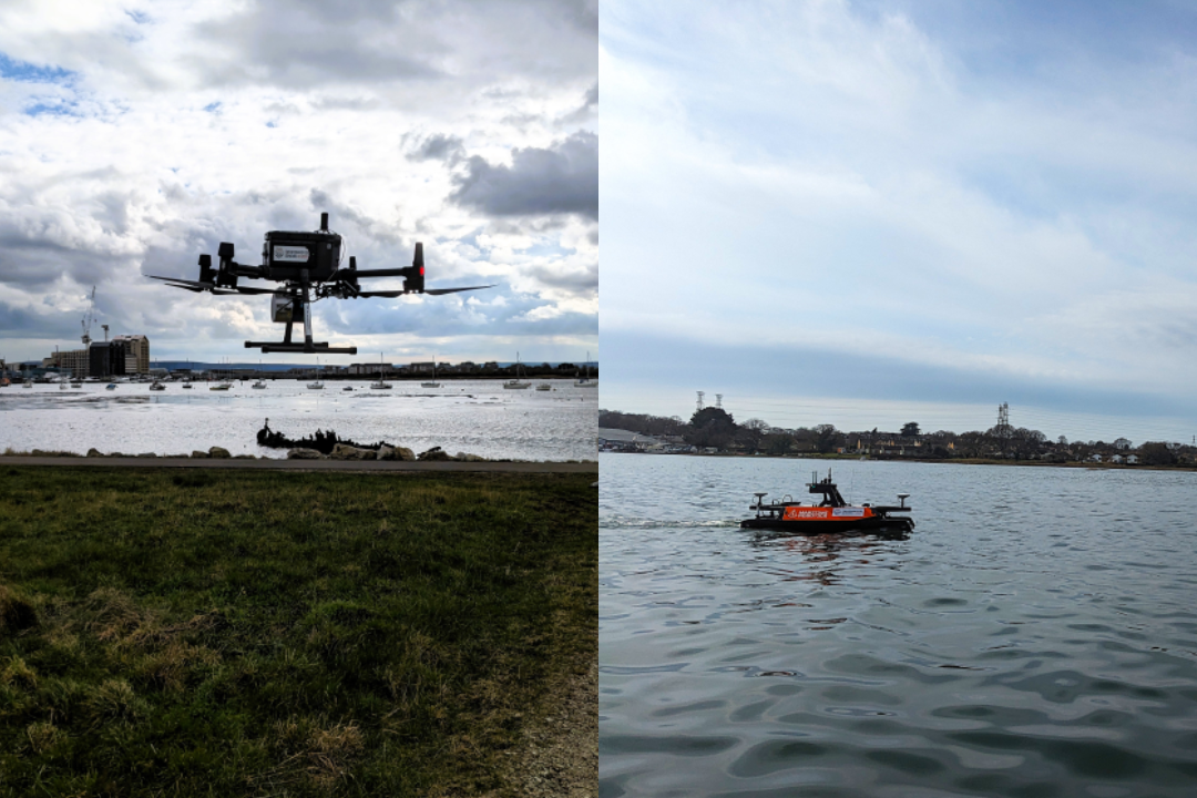 Left: a DJI M300 UAS equipped with a LiDAR laser scanning unit. Right: a Maritime Robotics Otter USV equipped with a Norbit winghead multibeam system.