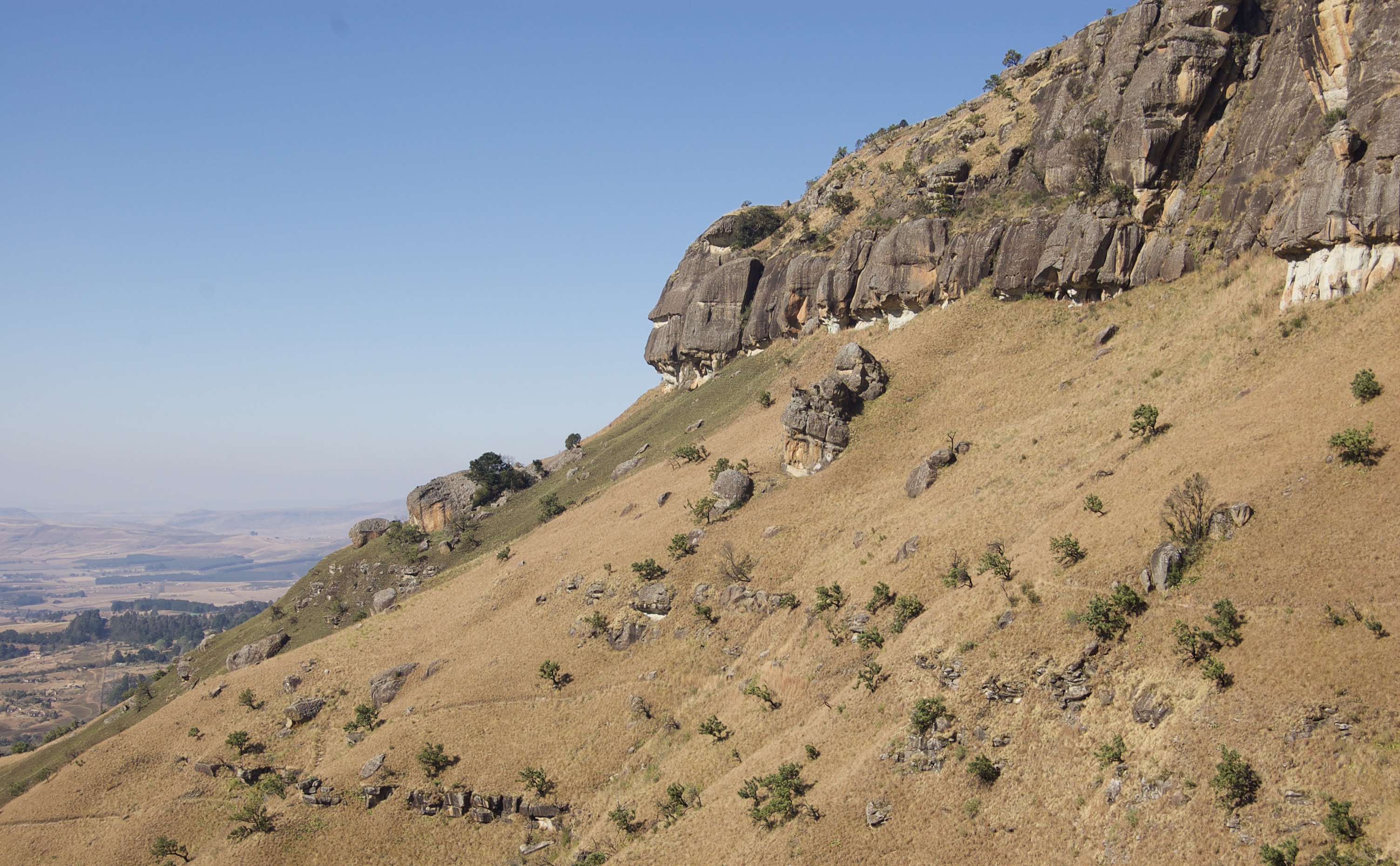 A mountainside covered in rocks and trees, with steep rocky sides leading down to a more gradual slope