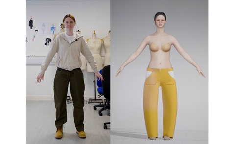 Two images side by side. Image on the left of a young woman with her hair tied back and wearing a cream zip-up hoodie, baggy dark green trousers and yellow boots, standing with her arms reaching out to the sides. Image on the right of a computer-generated female body wearing baggy yellow trousers.