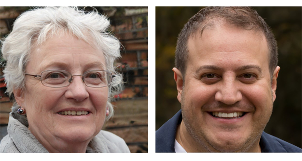 Two portrait photographs side by side: an older woman with short white hair and glasses, and a smiling middle-aged man with short brown hair.