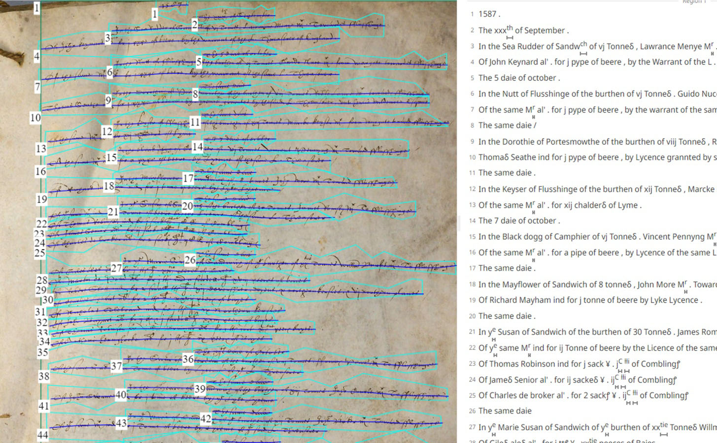 Parchment handwritten document on the left with transcribed sentences typed on the right.