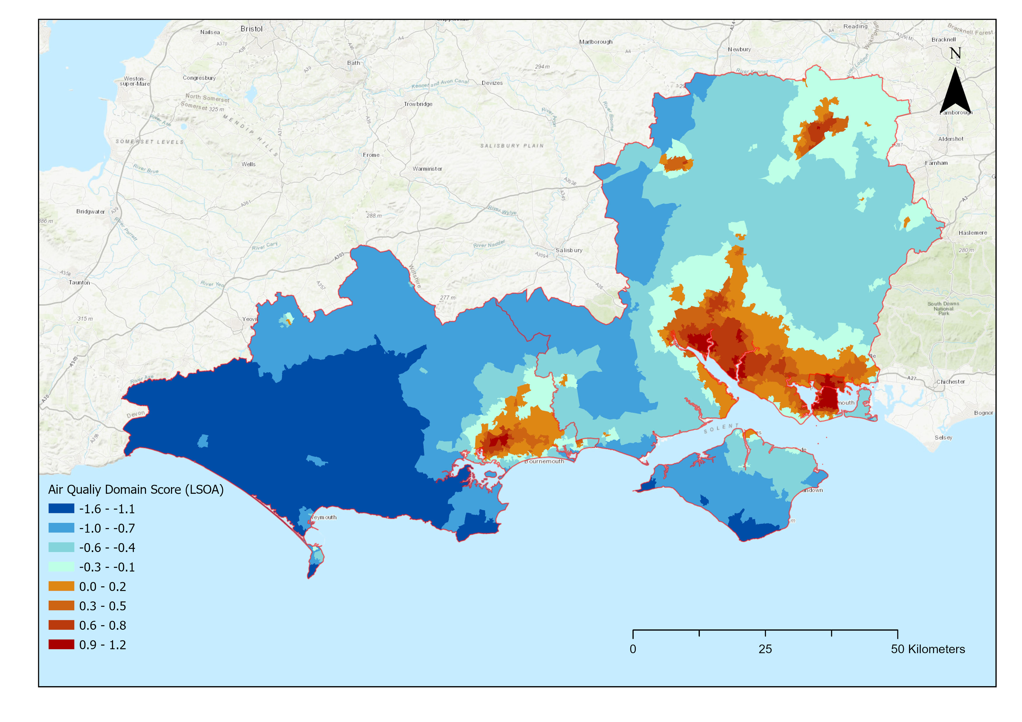 Map showing the Air Quality Domain Score (LSOA) across southern England. The colour gradient ranges from dark blue (lowest scores, -1.6 to -1.1) to dark red (highest scores, 0.9 to 1.2). Areas with poor air quality, marked in shades of orange and red, are concentrated near urban and industrial zones, while rural and coastal areas show better air quality, depicted in blue.