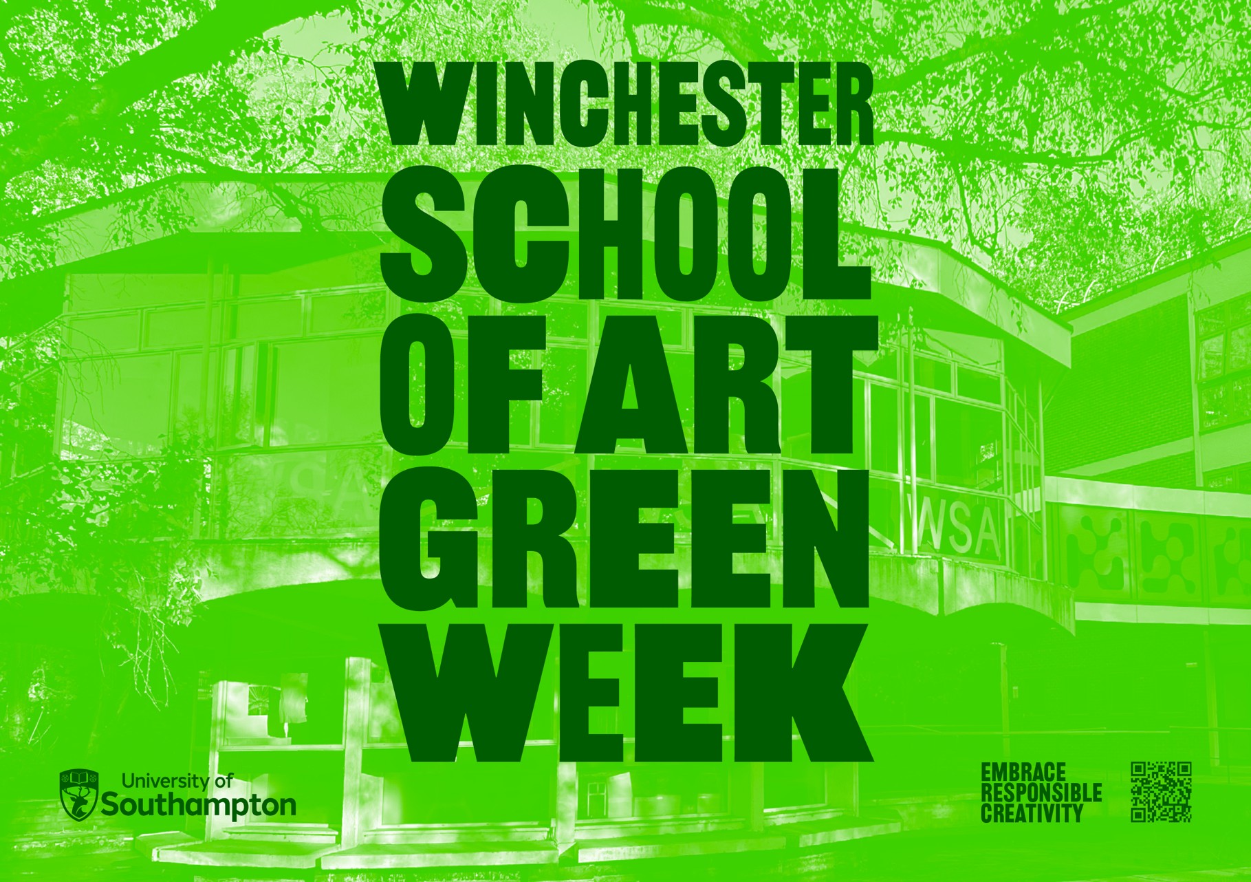 A green-tinted promotional poster for Winchester School of Art Green Week features bold text reading