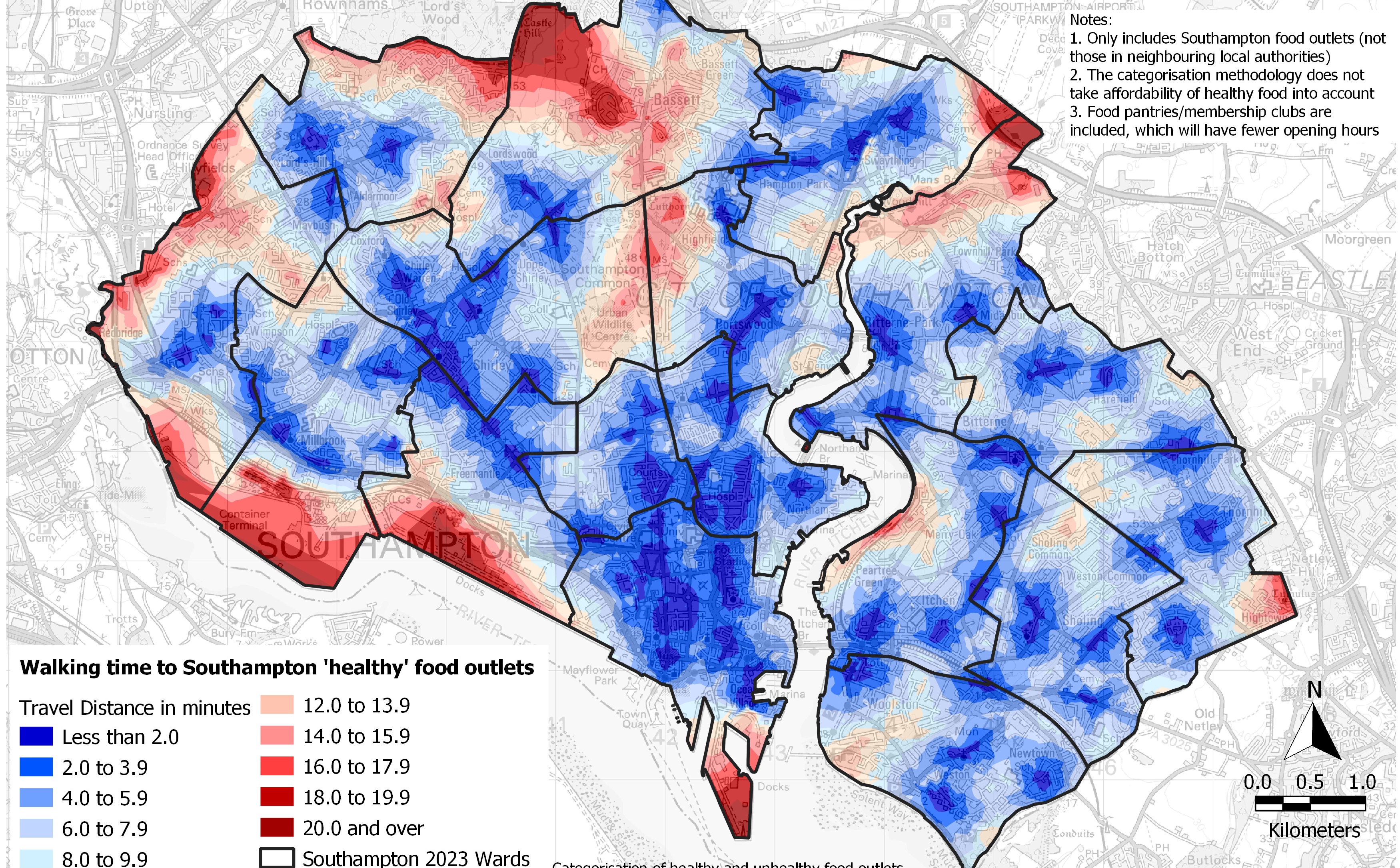 Heat map of Southampton showing walking distances to food outlets offering healthy choices