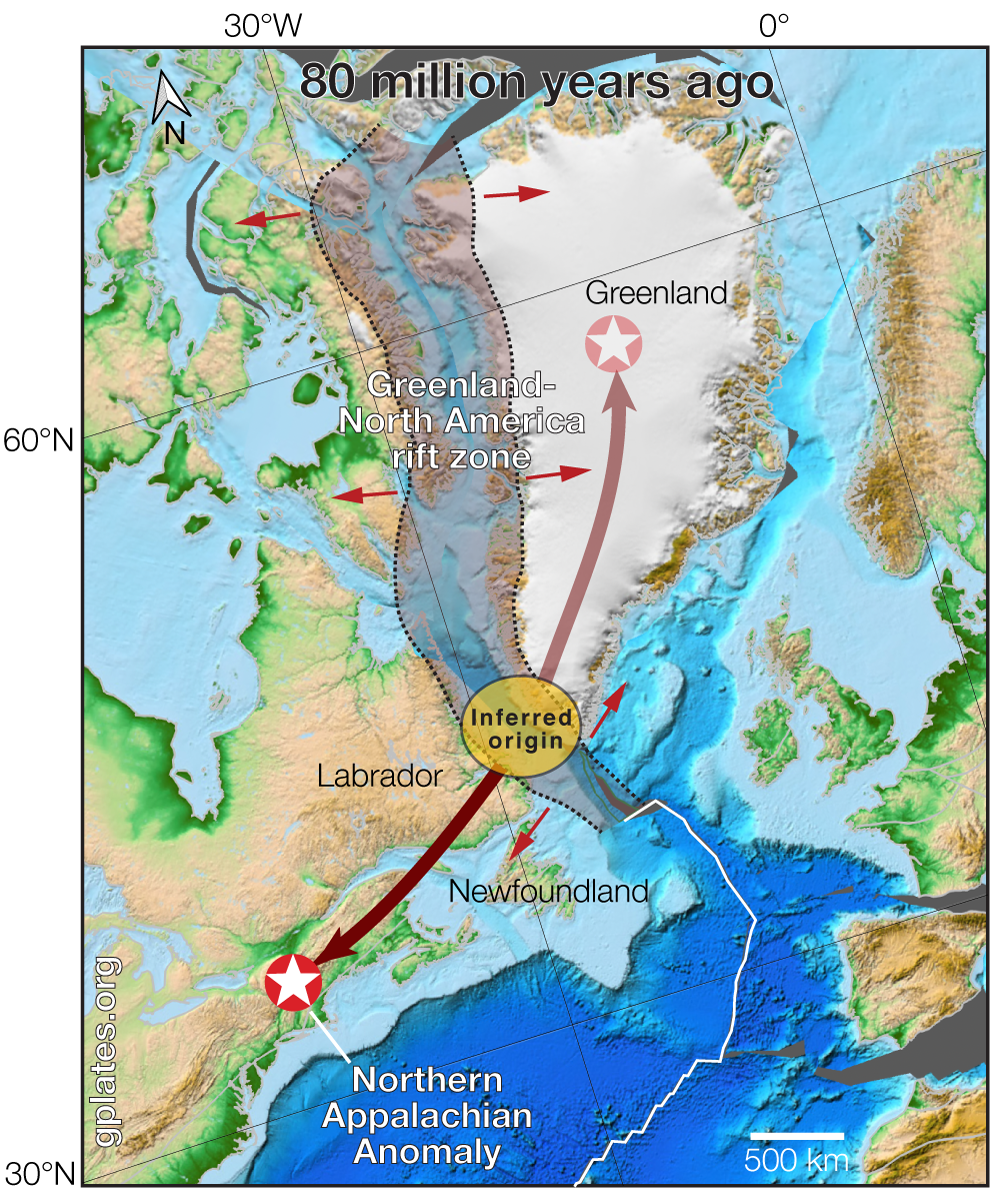 Map showing Greenland-North America rift zone and tectonic movements from 80 million years ago.