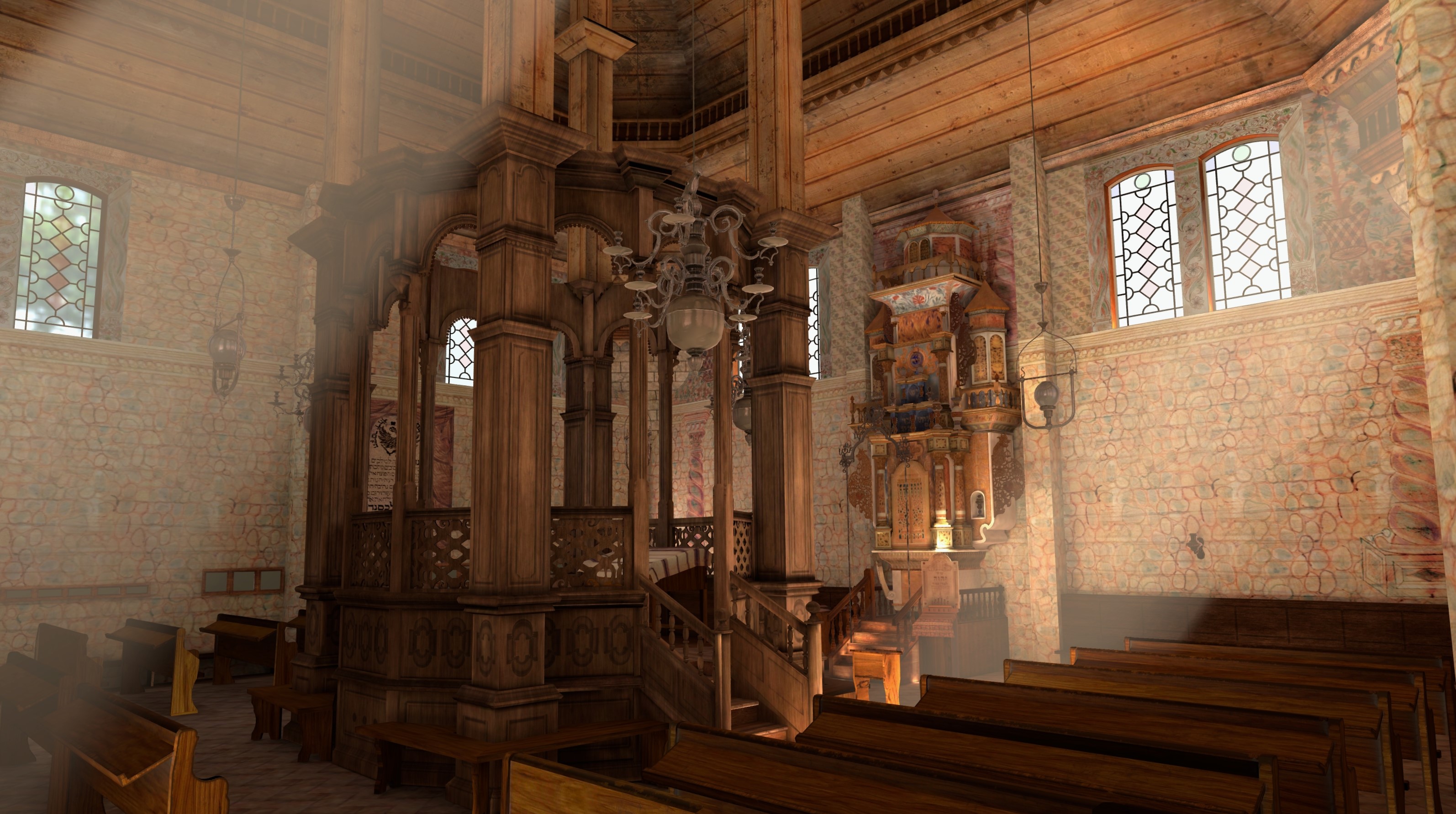 A virtual reconstructions of the Wolpa synagogue. A warmly lit, ornate church interior featuring wooden pews, a decorative pulpit with carved details, and a rich wooden ceiling. Stained glass windows with geometric patterns let in soft natural light. To the right, a vibrant, intricately designed altar stands out with colorful detailing, adding to the historic and sacred atmosphere. Chandeliers hang from the ceiling, contributing to the overall elegance of the space.