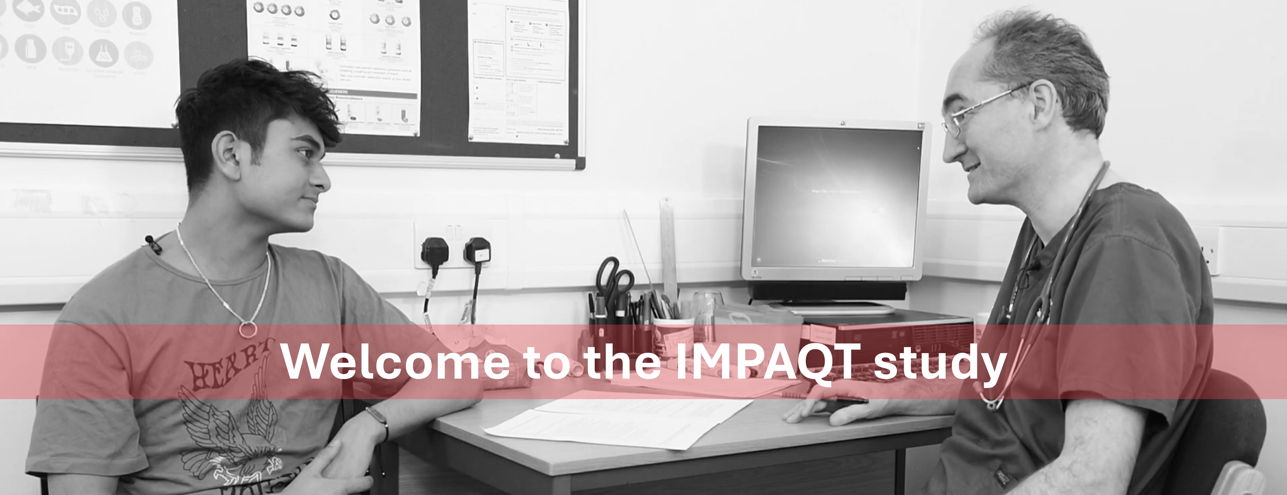 Behind the text "welcome to the IMPAQT study", A doctor talks to a teenager 