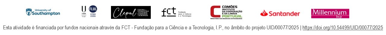 A row of institutional logos appears on a white background, including the University of Southampton, CLEPUL, Universidade de Lisboa, FCT, Camões Institute, IGR Instituto Guilherme Rosa, Santander, and Millennium bcp. The logos are arranged horizontally in different colours and styles to represent partner organisations and sponsors.