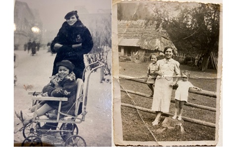 Two black and white photos side by side. One is of a woman and a small child in an old-fashioned buggy. The other shows a woman and two young children leaning on a wooden fence in the countryside.