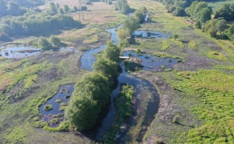 Aerial view of a meandering river through a green landscape with trees and small ponds.