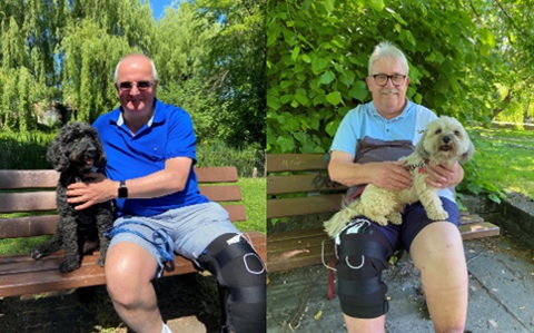 Two images side by side, both of men sitting on a park bench with their dogs
